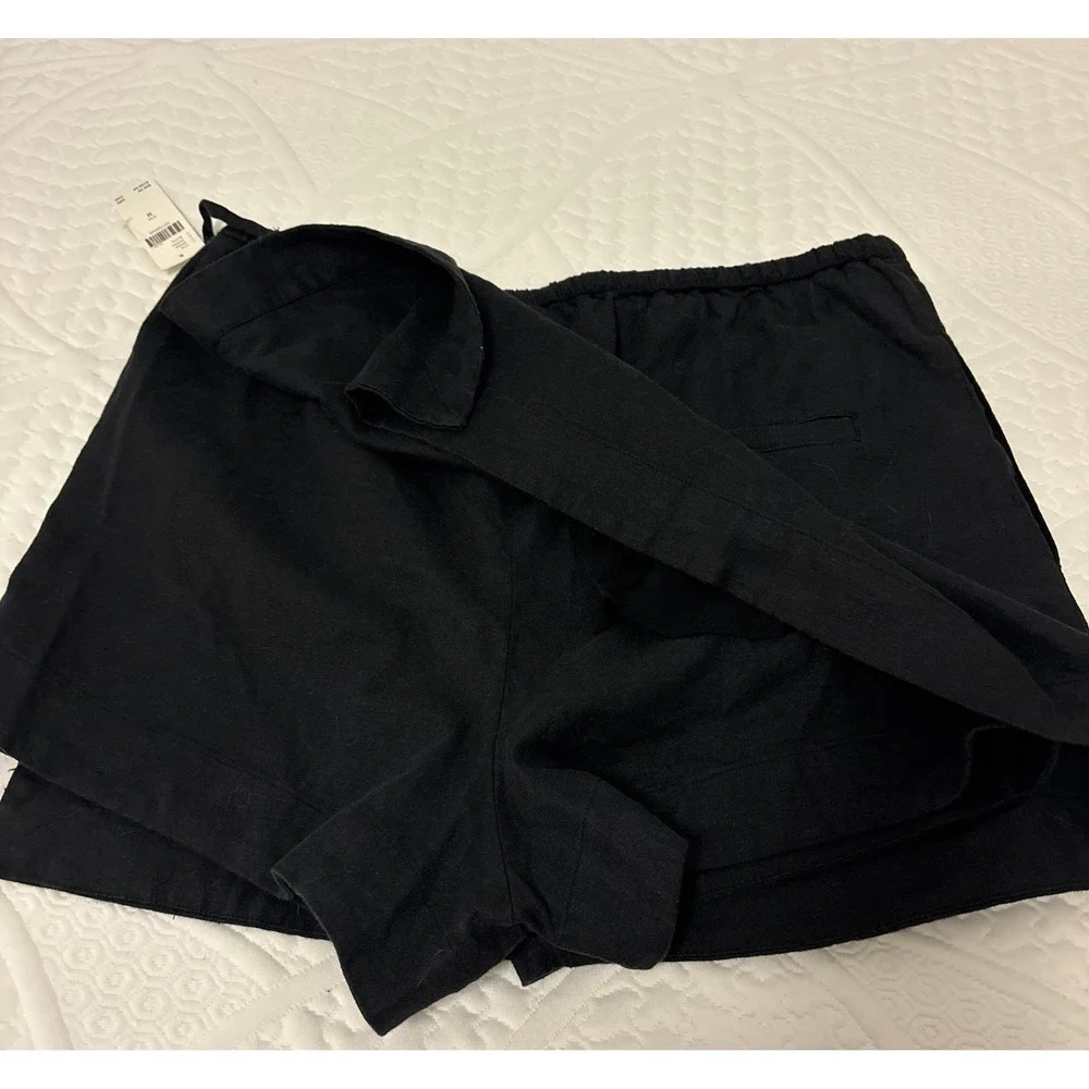 By Anthropologie Linen-Blend Mini Skort Black Wrap Front Side Tie Size M NEW